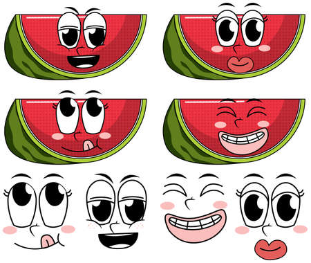 Set of facial expression vintage style cartoon with watermelon on white background illustrationのイラスト素材
