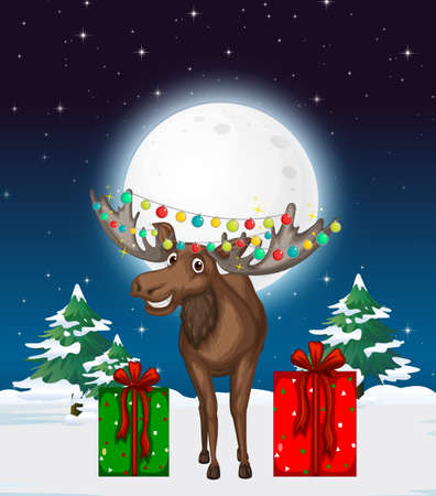Snowy winter night with Christmas reindeer illustrationのイラスト素材