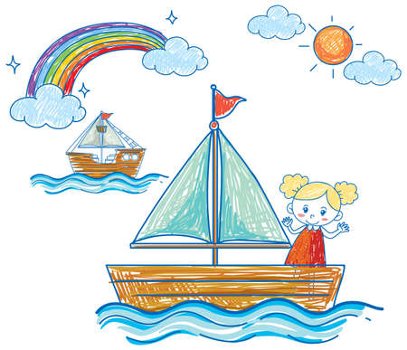 Coloured hand drawn ship and girl illustrationのイラスト素材