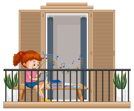 A girl doing homework on the balcony illustrationのイラスト素材