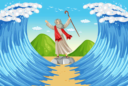 Moses cartoon character with red sea  illustrationのイラスト素材