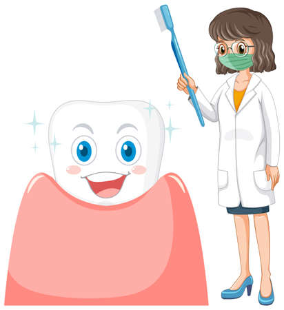 Happy dentist holding toothbrush with a big tooth on white background illustrationのイラスト素材