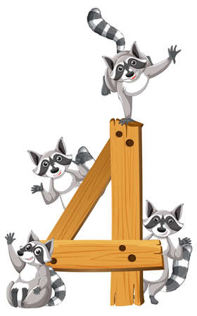 Four raccoons attached to number four illustrationのイラスト素材