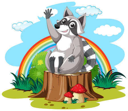 Cute raccoon waving hand in garden illustrationのイラスト素材