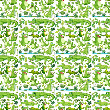 Seamless background with green crocodiles illustrationの写真素材