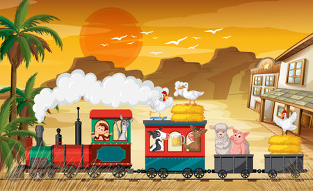 Many animals riding train in countryside illustrationのイラスト素材