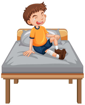 A boy with injure leg crying on the bed illustrationのイラスト素材
