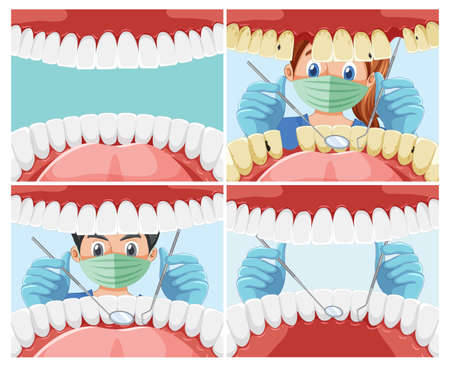 Set of dentist holding instruments examining patient teeth inside human mouth illustrationのイラスト素材