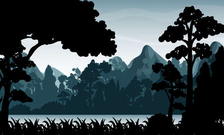 Silhouette shadow of forest scene illustrationのイラスト素材