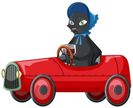 Funny cat cartoon character drive car on white background illustrationのイラスト素材