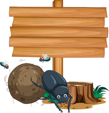Blank wooden signboard with beetle cartoon illustrationのイラスト素材
