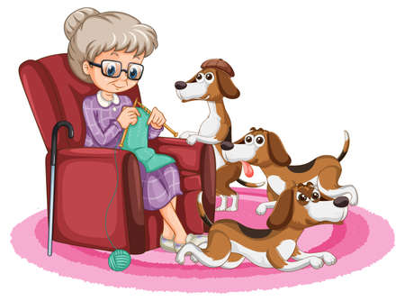 Granny knitting and beagle dogs illustrationのイラスト素材