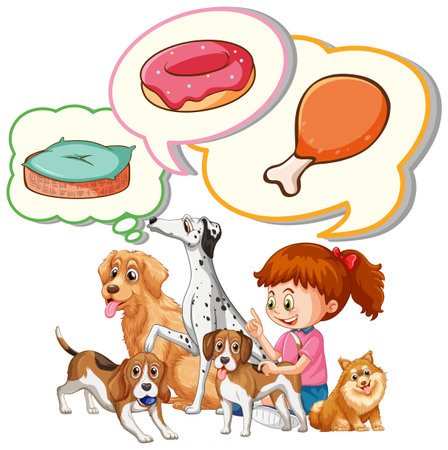 Girl and many dogs with thought bubbles illustrationのイラスト素材