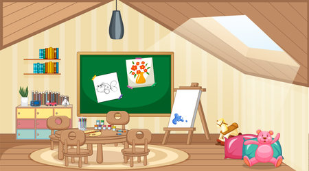 Scene of classroom with board and table illustrationのイラスト素材