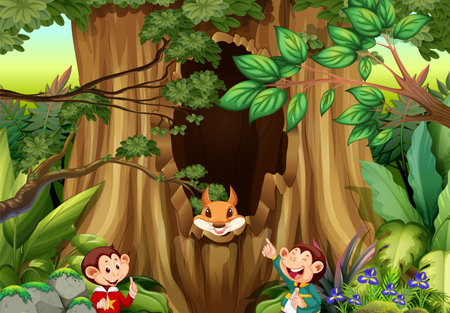 Scene with monkeys and squirrel in forest illustrationのイラスト素材