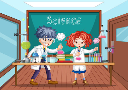 Classroom scene with scientist doing experiment illustrationのイラスト素材