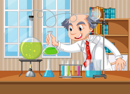 Laboratory scene with scientist cartoon character illustrationのイラスト素材