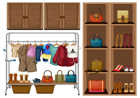 Many clothes and bags in closet illustrationのイラスト素材