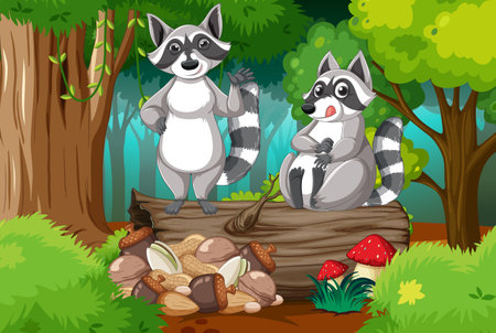 Two raccoons and pile of nuts in forest illustrationのイラスト素材