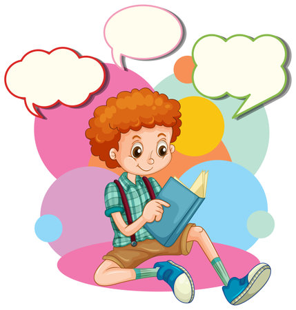 Speech bubble template with boy reading book illustrationのイラスト素材