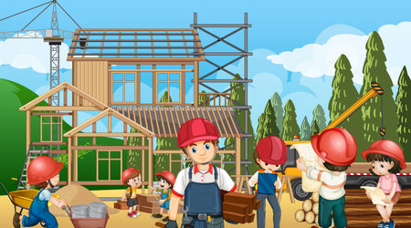 Building house construction site and workers illustrationのイラスト素材