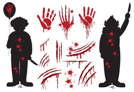 Set of silhouette creepy clown characters and elements illustrationのイラスト素材