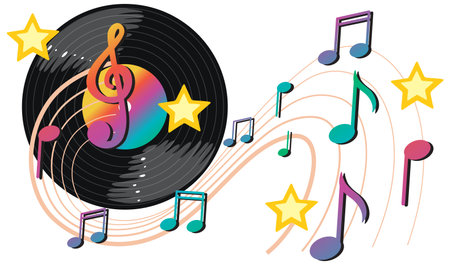 Music notes rainbow colourful with vinyl record on white background illustrationのイラスト素材