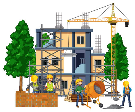 Isolated construction site with workers illustrationのイラスト素材