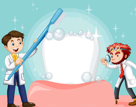 Dentist brushing bit tooth with a toothbrush on light blue background illustrationのイラスト素材