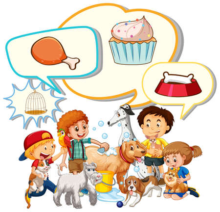 Kids and pets with thought bubbles illustrationのイラスト素材
