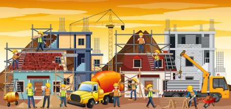 Construction site with workers illustrationのイラスト素材