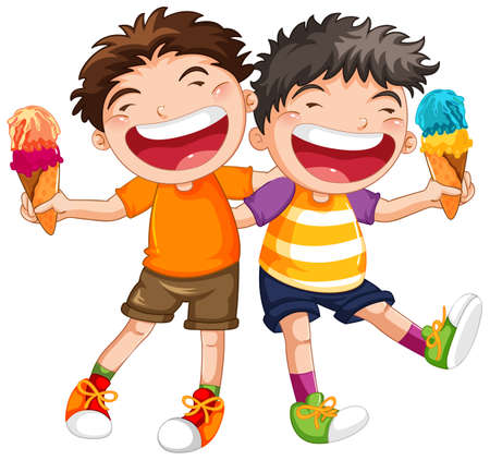 Happy boys holding ice cream illustrationのイラスト素材
