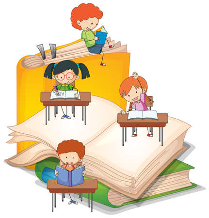 A children are reading books on a stack of books illustrationのイラスト素材
