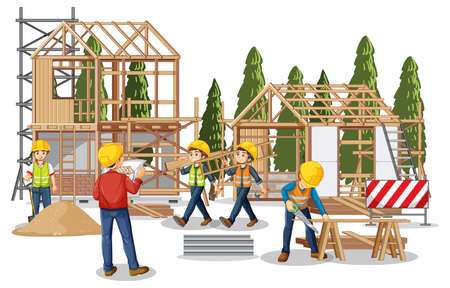 Isolated construction site with workers illustration