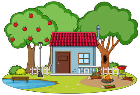 Scene with house and little pond illustrationのイラスト素材