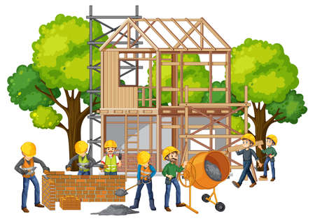 Isolated construction site with workers illustrationのイラスト素材