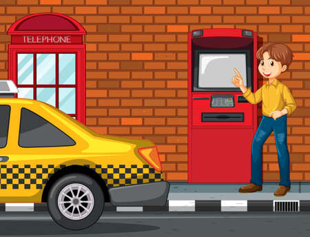 ATM on street scene with a man withdraw money illustrationのイラスト素材