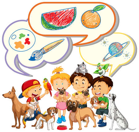 Kids and pets with speech bubbles illustrationのイラスト素材