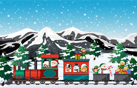 Train riding with Santa and elves illustrationのイラスト素材