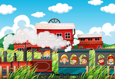 Train riding with children in countryside illustrationのイラスト素材