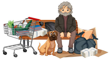 Homeless man sitting near garbage illustration