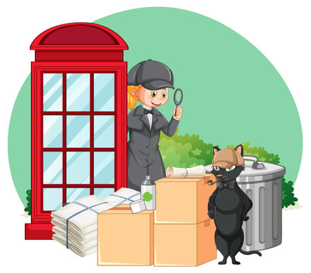 Detective looking for clues with magnifying glass on white background illustrationのイラスト素材