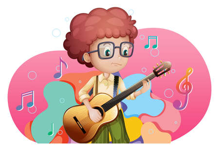 A boy playing guitar cartoon illustrationのイラスト素材