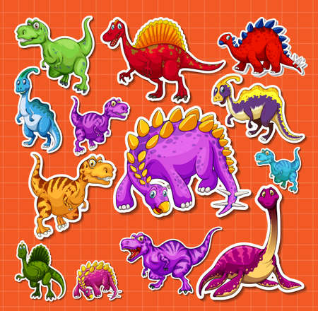 Sticker set of different dinosaur cartoon characters illustrationのイラスト素材