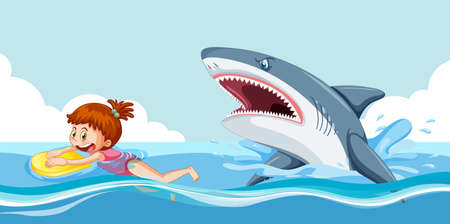 A girl escaping from aggressive shark illustrationのイラスト素材