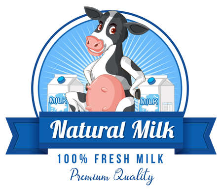 Natural milk label logo with a dairy cow cartoon illustrationのイラスト素材