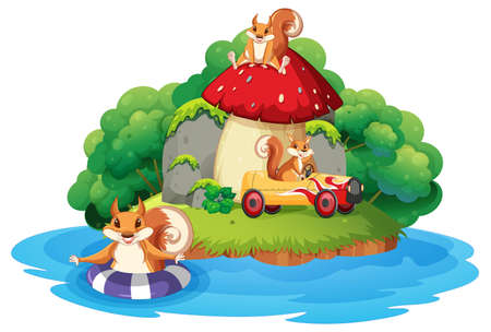 A squirrel play on island illustrationのイラスト素材