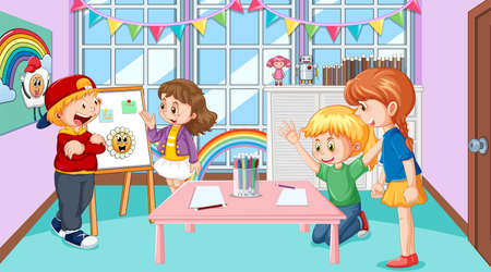 Kindergarten classroom with children illustrationのイラスト素材