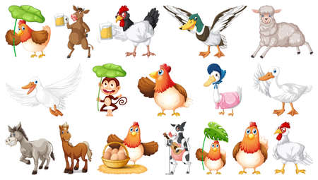 Many farm animals on white background illustrationのイラスト素材