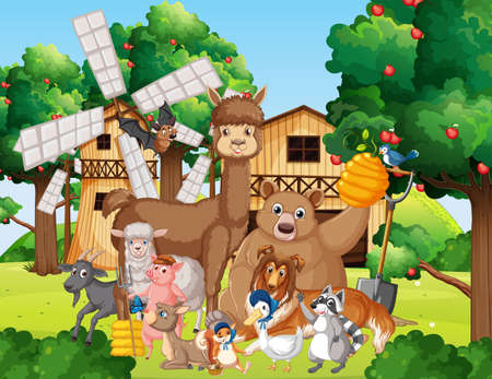 Farm scene many animals and trees illustrationのイラスト素材